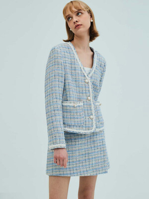 V-neck check tweed jacket_blue