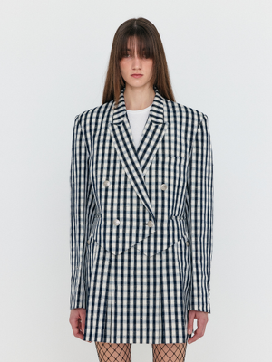 WEM Double-Breasted Short Blazer - Ivory/Navy Check