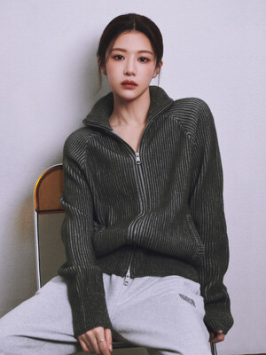 COLORED RIBBED ZIPUP CARDIGAN charcoal