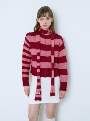 Stripe Knit Zip-Up Cardigan (Red/Pink)