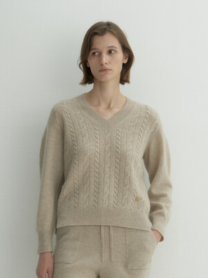 Cashmere 100% Sara Cable Pullover (Oatmeal Beige)