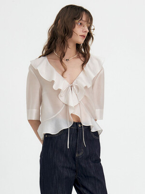 24 Summer_ L/grey Tie Front Ruffle Blouse