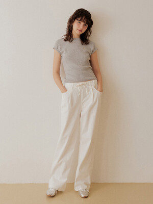 Back label natural banding wide pants - white