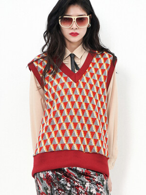Geometric-Jacquard Oversized Sweater Vest[Red(UNISEX)]_UTW-FC16