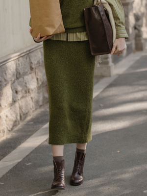PAULA woolen knit skirt_CEDAR GREEN