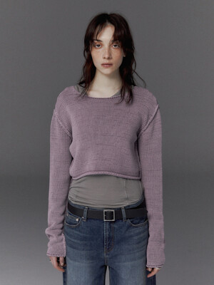 DYING WASH CROPPED LONG SLLEVE KNIT, L/PURPLE