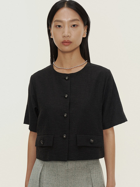 아우터 - 비먼 (VIMUN) - linen-blend 1/2 sleeve crop jacket_black