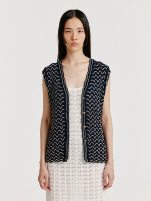 YUTA Lace Textured Knit Vest - Navy/Cream