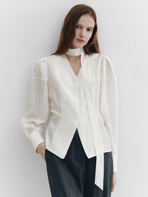 Tie-decorated Puffed sleeve Blouse IVORY