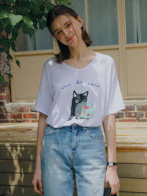 CAT PRINTED SILK T-SHIRT [IVORY]