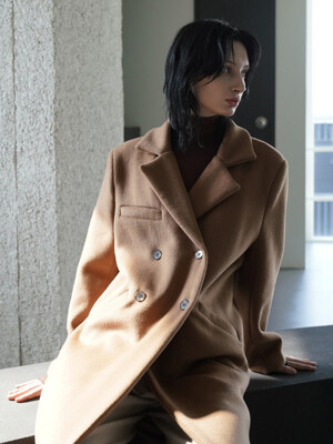 Wool Blend Relaxed Double Overcoat Camel