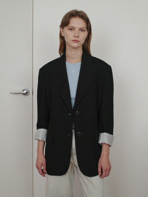 STRIPE TWEED SINGLE JACKET - BLACK