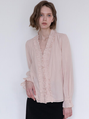 V-neck frill blouse _ Pink