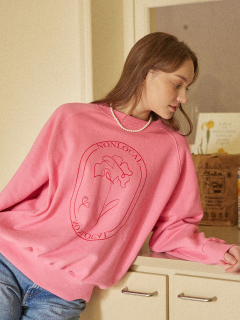 티셔츠 - 논로컬 (NONLOCAL) - Rose Print Sweatshirt  - Pink