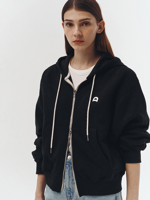UNISEX LEATHER LOGO ZIP-UP HOODIE BLACK_UDTS3A108BK
