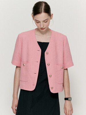 [단독] V-neck summer tweed jacket - Soft pink