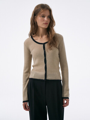 Scoop Neck Ribbed Line Cardigan[LMBCAUKN214]-Beige