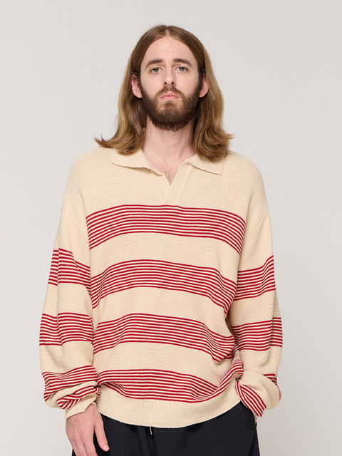 니트 - 카고브로스 (CARGOBROS) - STRIPE OPEN COLLAR KNIT (RED)