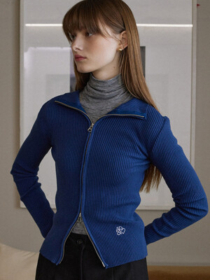 Slim two way zip up wool knit cardigan - blue