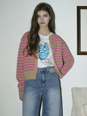 Cashmere Round Stripe Knit Cardigan (Pink)