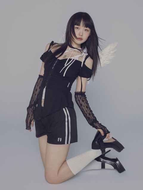 NEWALRIN ♥ NEWALRIN button Shirring off shoulder top Newerlin Button Shirring Off-Shoulder Light Gray #뉴얼린