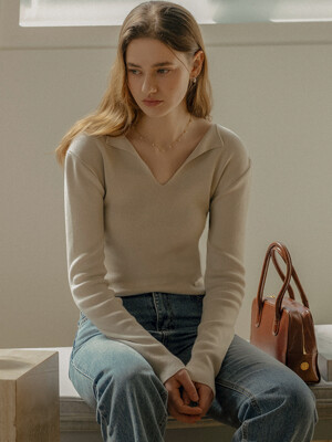 Lora v-neck cotton modal knit_Gray beige