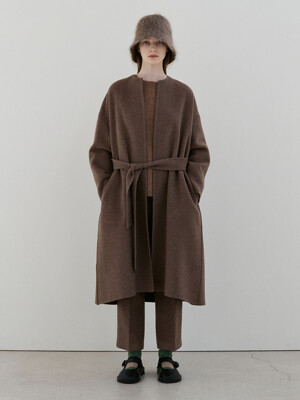 CASHMERE BLEND HANDMADE ROUND NECK LONG COAT