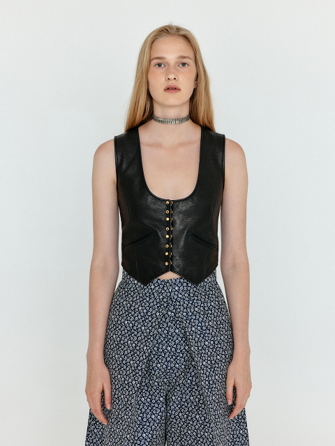 아우터 - 잉크 (EENK) - WENA U-Neck Mini Leather Vest - Black
