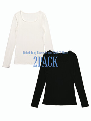 (1+1) Ribbed Long Sleeve Square Neck T-Shirts [2COLOR]