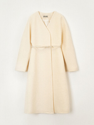 Belt V-Neck Wool Long Coat (Ivory)