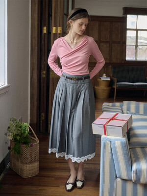 SR_High-waisted pleated lace skirt_GRAY