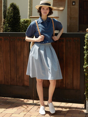 FRIULI Stitch point tucked midi skirt (Blue gingham check)