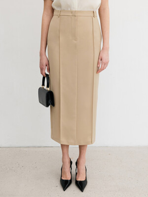 SOLEIL H-line pin tucked maxi long skirt (Deep beige/Black)