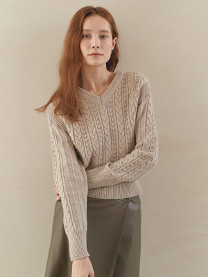 V-NECK CABLE PULLOVER(greige)