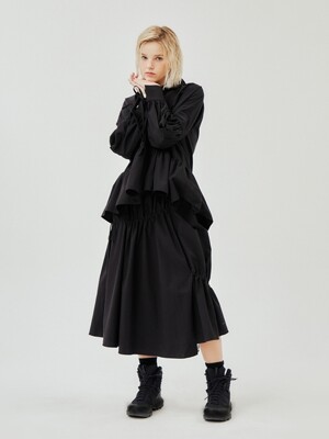 SHIRRING FLARE SKIRT_BLACK