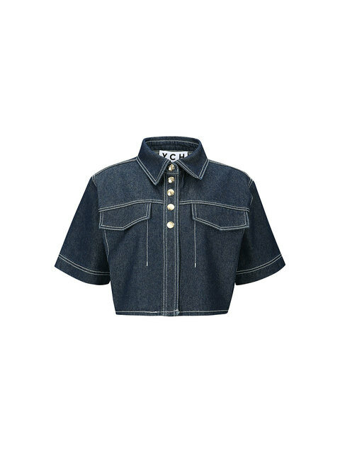 데님 - 와이씨에이치 (YCH) - CROPPED DENIM SHORT SLEEVE SHIRT (DARK NAVY)