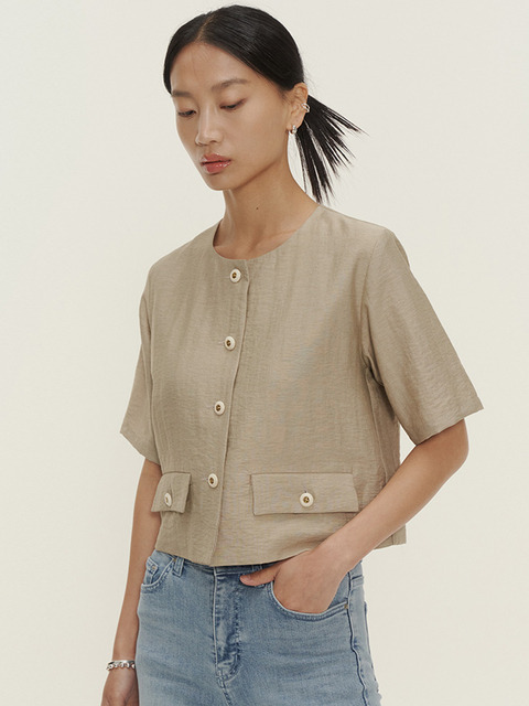 아우터 - 비먼 (VIMUN) - linen-blend 1/2 sleeve crop jacket_beige