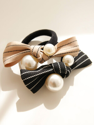 Striped Fabric Pearl Hair Chouchou Tie H01089