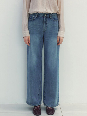 Washed Blue Wide Denim Pants (Blue)