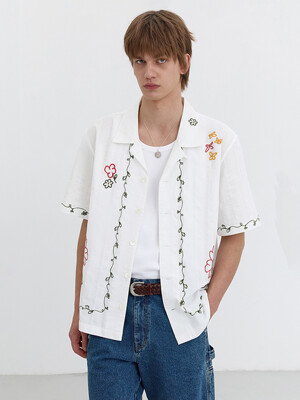 UNISEX HAND-DRAWING OPEN COLLAR SHIRT GARDEN GREEN_M_UDSH5B129E2