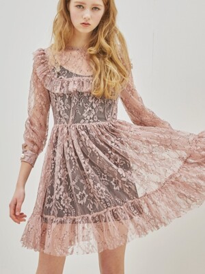 Rectangle Ruffle Lace Dress_Pink