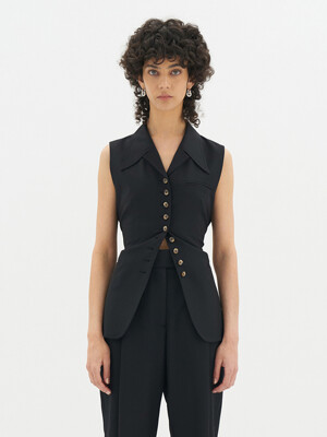 TAILORED-COLLAR VEST TOP WITH BELT - BLACK