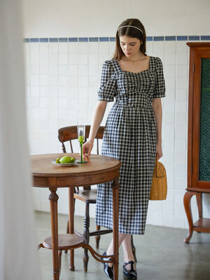 DIANA heart neck shirring dress_black check