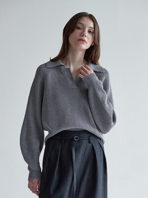 CROPPED COLLAR KNIT PULLOVER_GREY