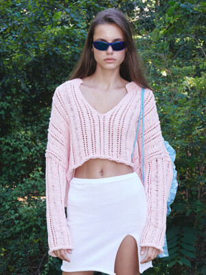 V-NECK OPEN SWEATER, PINK