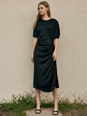 Shirring String Silky Dress_Black