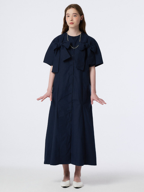 원피스 - 더스튜디오케이 (the studio K) - RIBBON POINT GORED FLARE SHIRT DRESS (NAVY)