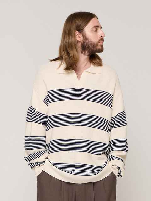 니트 - 카고브로스 (CARGOBROS) - STRIPE OPEN COLLAR KNIT (IVORY)