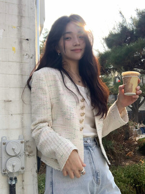 V-neck Tweed Jacket[LMBDSPJK106]-Multi Ivory