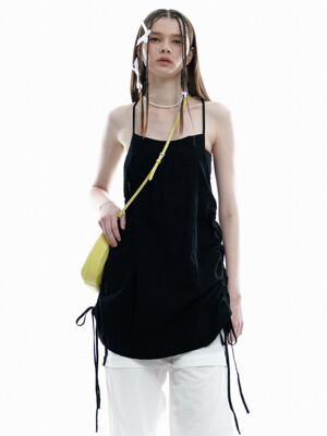 Layered String Shirring Sleeveless Mini One Piece [Black]